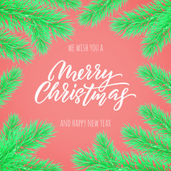 Merry Christmas calligraphy lettering greeting card. Vector New Year wish quote for winter holiday celebration in Xmas tree frame on pink background design template