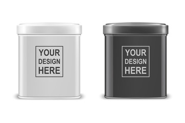 Vector realistic 3d white and black blank metal aluminium tea tin can container with cap rectangular or square shape icon set closeup isolated on white background. Design template for graphics