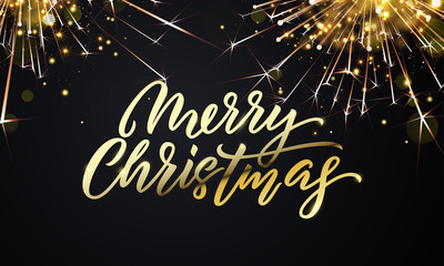 Merry Christmas golden firework sparkles and gold calligraphy lettering. Vector Xmas holiday golden glitter light blurs of Christmas confetti on black background