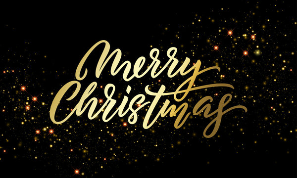 Merry Christmas golden light sparkles and gold calligraphy lettering. Vector Xmas holiday golden glitter or Christmas confetti on black background