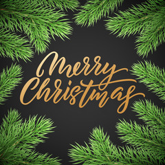 Fototapeta na wymiar Gold Christmas card lettering on black background with green Christmas trees branches