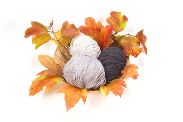 Basket with balls of wool and leaves on white background