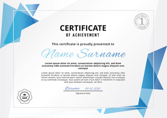 Official white certificate with blue triangle design elements. Business clean modern design