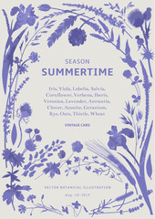 Summertime. Floral Frame. ..Silhouettes of flowers and plants of fields and forests. Vector vintage botanical illustration. Violet