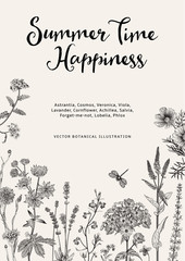 Summer time. Happiness. Vector vintage botanical illustration. Black and white garden flowers © OlgaKorneeva