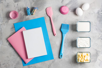 Cooking baking for kids flat lay background
