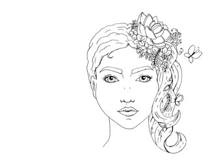The woman face, with the Lotus in her hair, leaves and berries.Мandala stress free. Vector illustration.