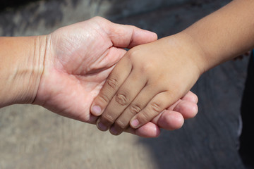 Adult holding children hand to take care and love concept.