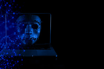 devil mask with computer notebook in hacker security network concept and hologram display red blue