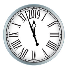 2019 New Year classic clock on white background. Vector paper illustration.