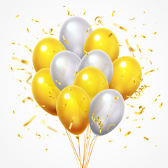 Flying balloons group. Golden shiny falling confetti, glossy yellow and white helium balloon with gold ribbon 3d vector illustration