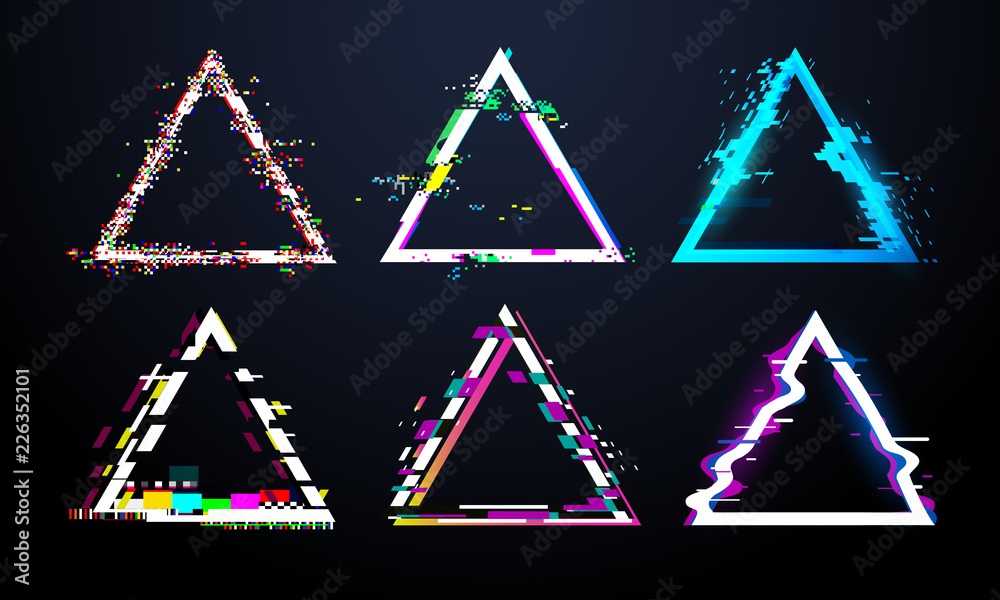 Wall mural glitch triangle frame. distorted tv screen, flaw light bug effects on defect glitched triangles. dis