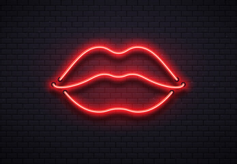 Retro neon lips sign. Romantic kiss, kissing couple lip bar red neons lamps and valentine romance club vector illustration