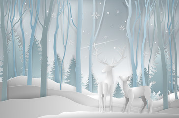 Winter season and Christmas day, Deer in forest landscape with snowflakes and mountains background. paper art and digital craft style. Vector illustration.