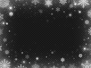 Fotobehang Snowed border frame. Christmas holiday snow, clear frost blizzard snowflakes and silver snowflake vector illustration © Tartila