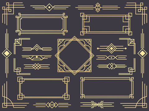 Art deco line border. Modern arabic gold frames, decorative lines borders and geometric golden label frame vector design elements
