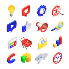 3d social marketing icons. Isometric web seo likes sign, business mail network and website search button vector icon collection