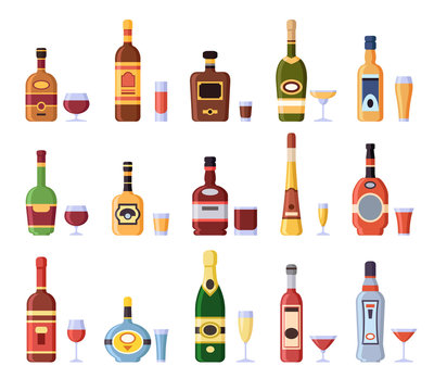 Alcohol bottles and glasses. Alcoholic bottle with cider, vermouth in glass or liqueur shot and wineglasses isolated icons vector set