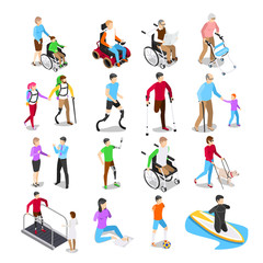 Fototapeta na wymiar Isometric disabled people. Disability care, disabled elderly senior in wheelchair and limb prosthetics vector set