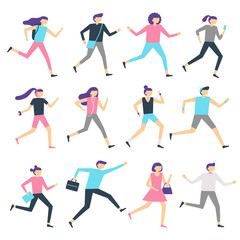 Running people. Man and woman run, jogging workout and athletic sport runners. Sports exercising isolated flat vector illustration