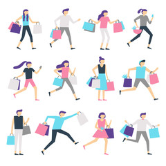 Fototapeta na wymiar People with shopping bags. Shopaholic man and excited woman carrying bag. Happy people buy presents on sale vector characters set