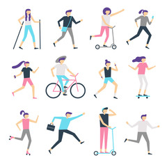 People outdoor activity. Healthy community, walking man and jogging woman. Running teenagers, skating and cycling kids vector set