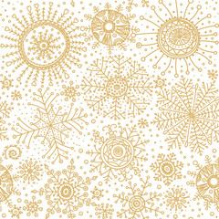 Christmas seamless background. Winter seasonal symbols pattern. Doodle snowflakes wallpapers. Snow flakes ornament.