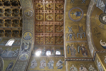 Fototapeta na wymiar Monreale, Italy - September 11, 2018 : View of Monreale cathedral ceiling