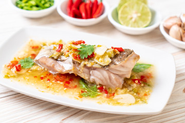 Steamed Grouper Fish Fillet with Chili Lime Sauce in lime dressing