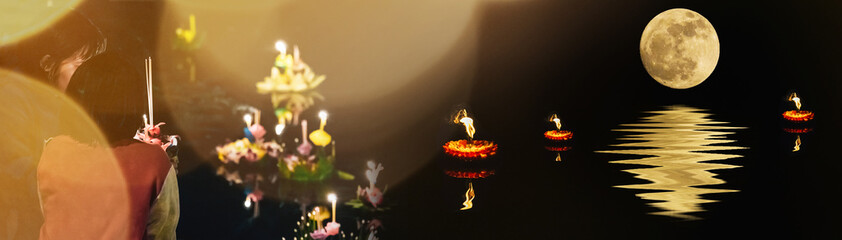 banner design and holiday concept from people pray and hold hand made krathong by flower from...