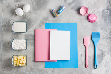 Cooking baking for kids flat lay background concept