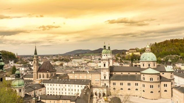 Panorama time-lapse view of the towers of Salzburg in Austria.
