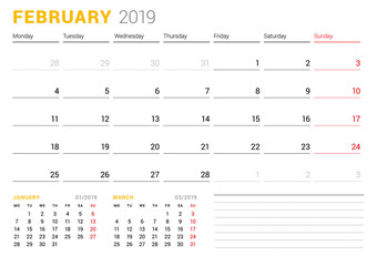 Calendar template for February 2019. Business planner. Stationery design. Week starts on Monday. 2 Months on the page. Vector illustration