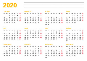 Calendar template for 2020 year. Stationery design. Week starts on Monday. 12 Months on the page. Vector illustration