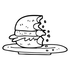 black and white cartoon half eaten burger
