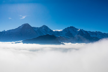 panorama view of swiss alps mountains Eiger, Moench and Jungfrau from Schynige Platte