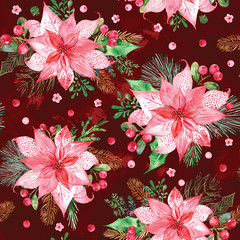 Watercolor seamless pattern with Christmas flower bouquets on dark red background