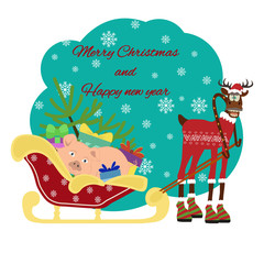 Merry Christmas greeting card in cartoon style. Cute deer character whith sleigh and gifts. Vector illustration.