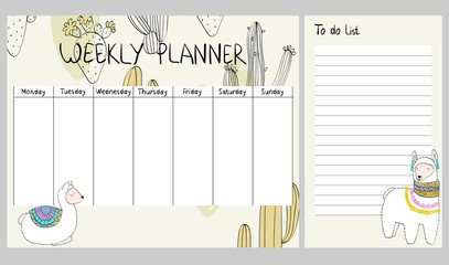 Hand drawing vector weekly planner with cactuses.