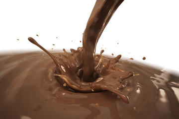 Splashing chocolate liquid, tasty sweet chocolate isolated on white background. 3d illustration