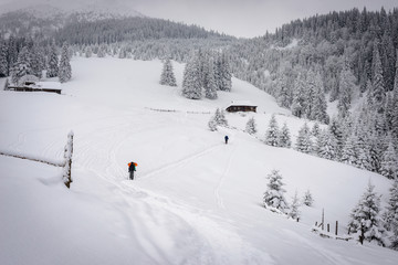 Hikers going in old wooden mountain hut covered with snow in Carpathian mountains