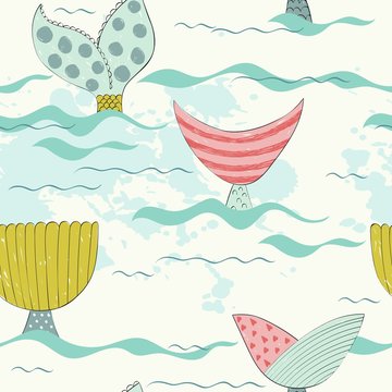 Vector seamless pattern with a mermaid tails.