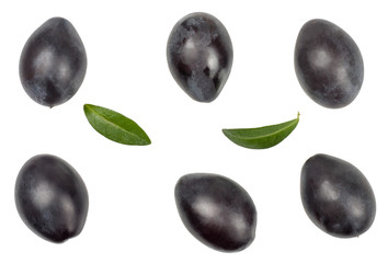 Fresh plums isolated on white, top view