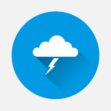 Vector icon storm weather on blue background. Flat image  Clouds and thunderstorm with long shadow. Layers grouped for easy editing illustration. For your design.