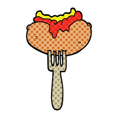 comic book style cartoon hotdog with mustard and ketchup on fork