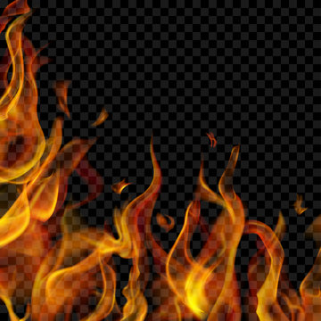 Translucent fire flame on left and below on transparent background. For used on dark backgrounds. Transparency only in vector format
