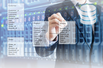 Double exposure of professional businessman system analysis design and drawing database table with...