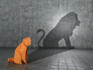 Concept of hidden potential. A paper figure of a cat that fills the shadow of a lion. 3D illustration - obrazy, fototapety, plakaty