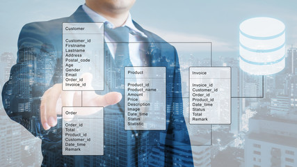 Double exposure of professional businessman system analysis design and drawing database table with...