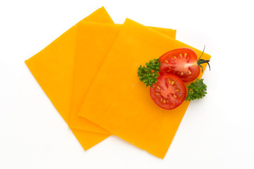 Cheddar cheese slice isolated on the white background.